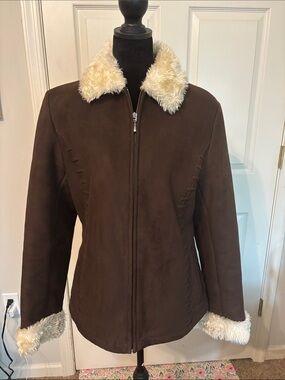 Liz Claiborne Brown Faux-Suede Teddy Jacket with Cream Collar M Penny Lane